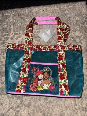 Disney Teal Floral Princess Mesh Tote with Pink Trim